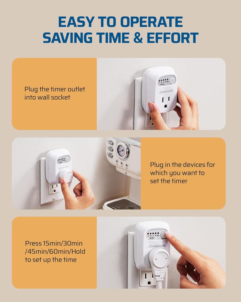 DEWENWILS Indoor Countdown Timer Outlet, 15/30/45/60min Settings, Auto Shut Off Safety Outlet for Lights, Seasonal Decor, Coffee Pot, 125V/15A Resistive/1000W Tungsten, 3 Prong, 1/3 HP, 2 Pack - Image 5